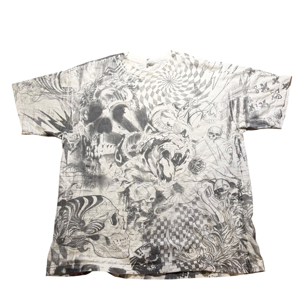 Trippy Y2K Alstyle All Over Print Skull Tiger Snake Graphic T-Shirt Mens XL